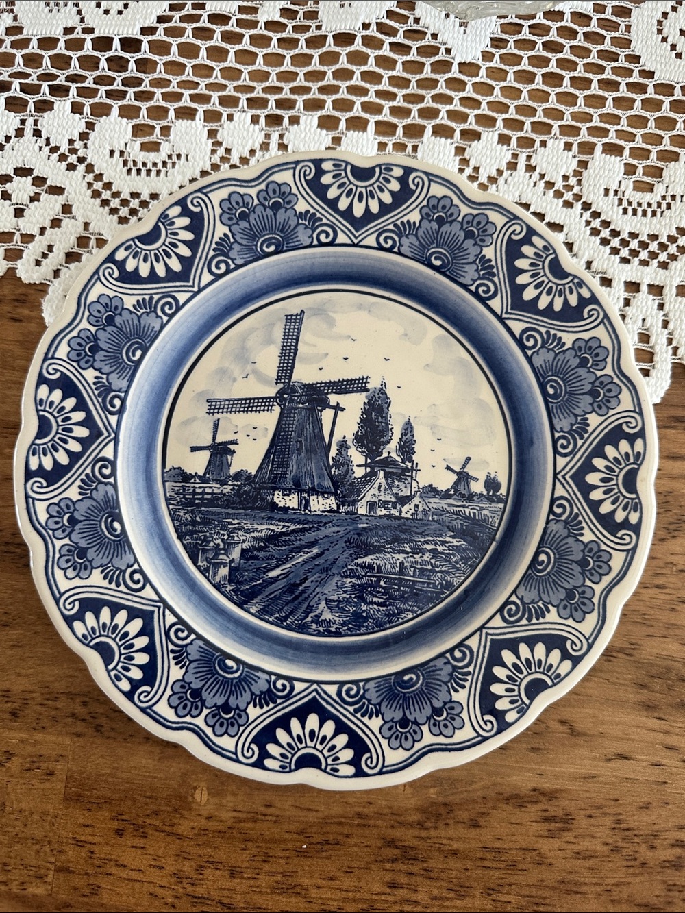 Vintage Handpainted Blue and White Delft-Style Windmill Decorative Plate